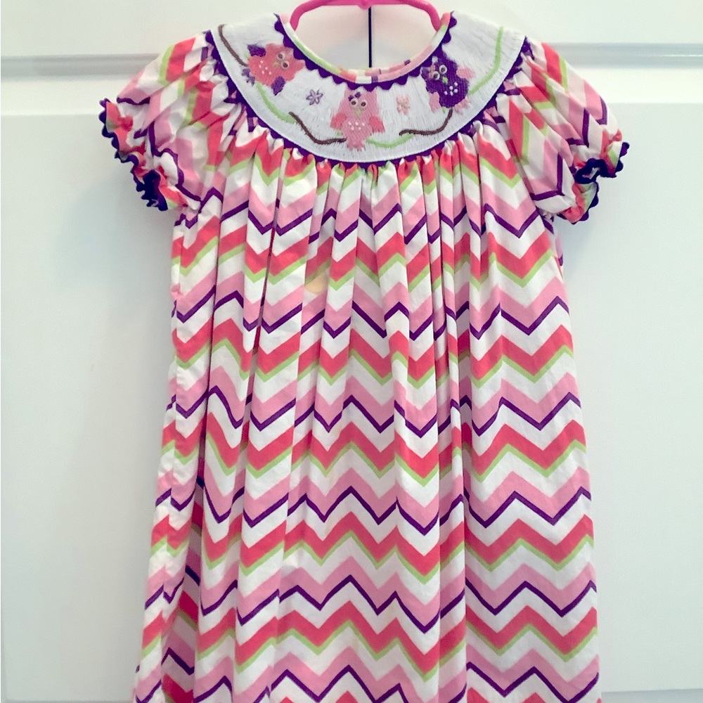 Smocked Owl Pink And Purple Zig Zags Ruffled Sleeve